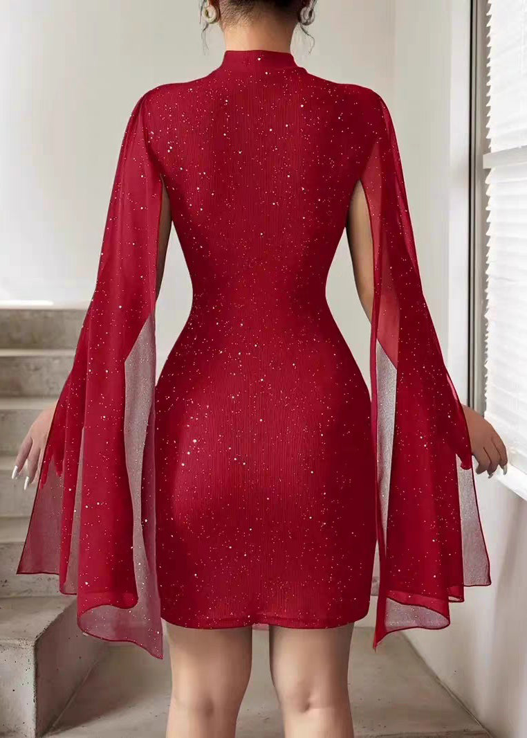 Vrouwen Mid Cape Jurk met Opstaande Kraag en Pailletten 3