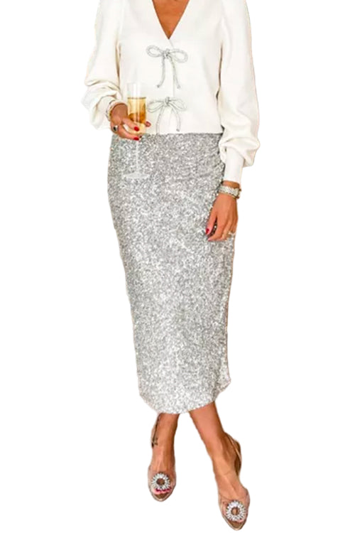 Vrouwen Midi Feestrok met Hoge Taille en Pailletten 0