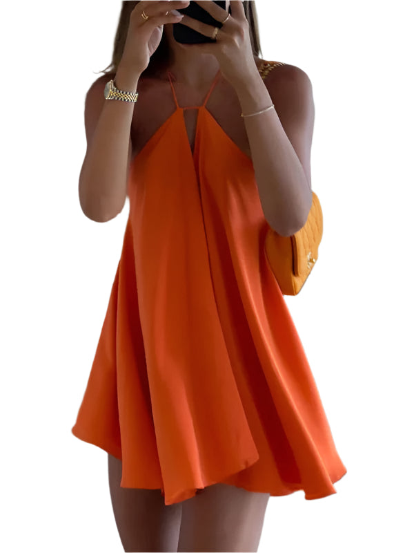 Vrouwen Mini Jurk Diepe V-Hals Rugloos Spaghetti Bandjes Losse A-Lijn 0