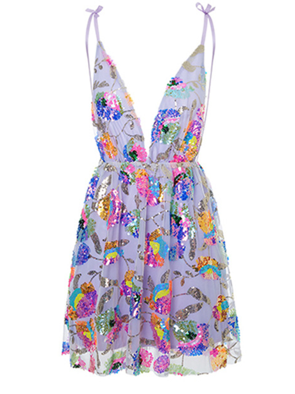 Vrouwen Mini Jurk Diepe V-Hals Zonder Rug Met Pailletten Bloemmotief 8