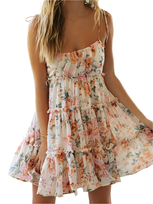 Vrouwen Mini Jurk Spaghetti Bandjes Bloemenprint Tiered 0