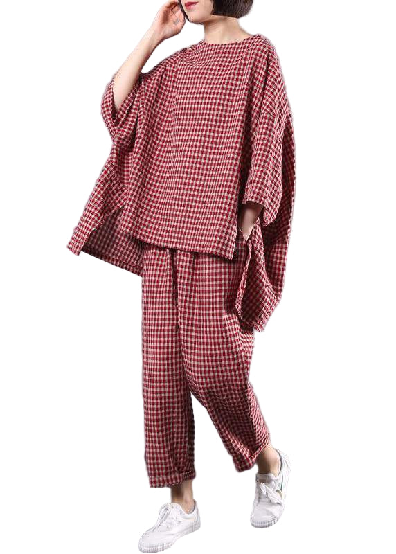 Vrouwen Plus Size Blouse en Broek Set in Ruitpatroon 0