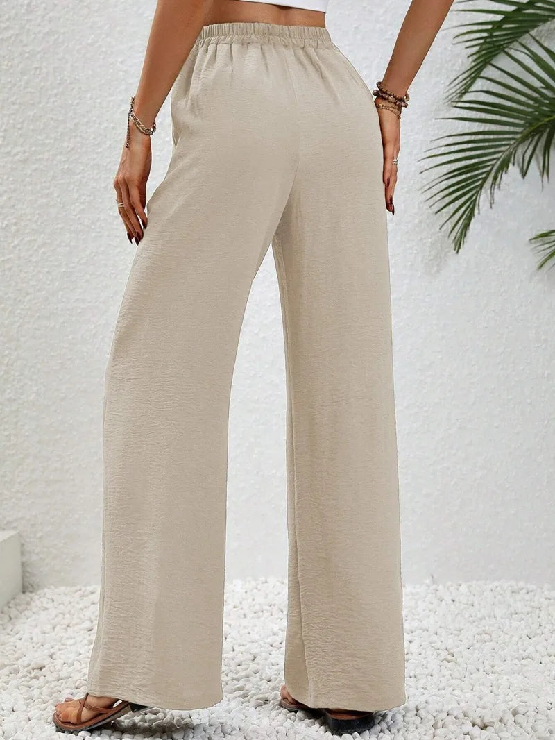 Vrouwen Rechte Broek Met Strik Voorzijde Elastische Taille Hoogwaardige Stof 1