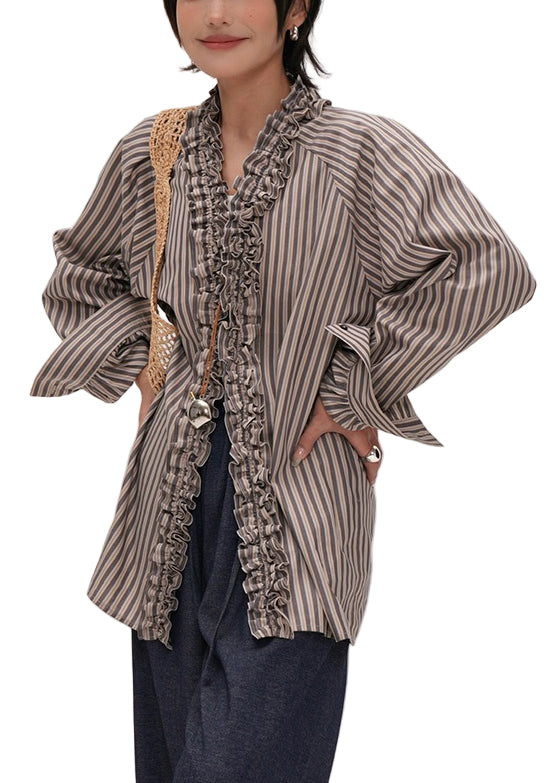 Vrouwen Ruffled Katoenen Shirt met Gestreepte V-hals 0