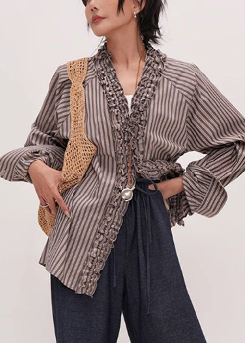 Vrouwen Ruffled Katoenen Shirt met Gestreepte V-hals 1