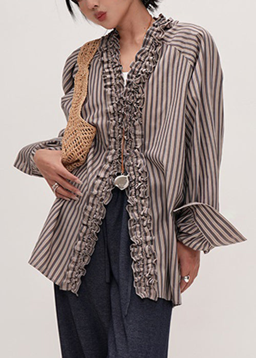 Vrouwen Ruffled Katoenen Shirt met Gestreepte V-hals 2