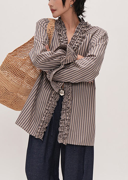 Vrouwen Ruffled Katoenen Shirt met Gestreepte V-hals 3