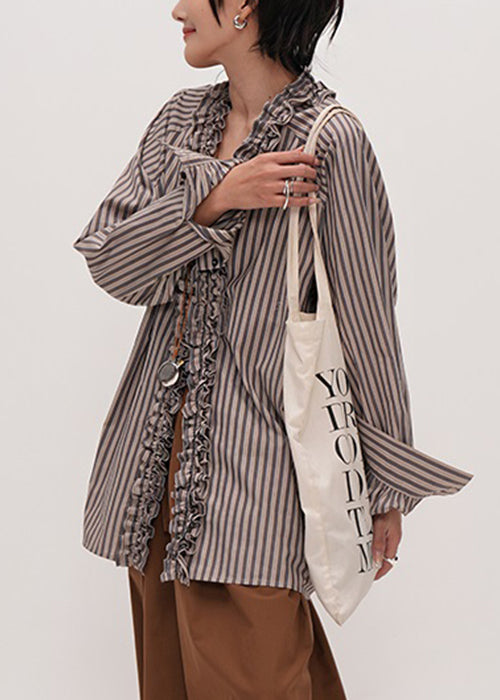 Vrouwen Ruffled Katoenen Shirt met Gestreepte V-hals 4