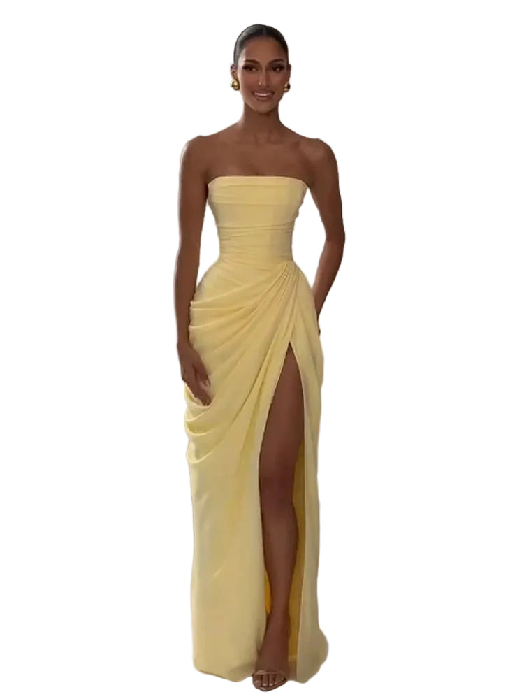 Vrouwen Strapless Geplooide Jurk Met Hoge Taille 0