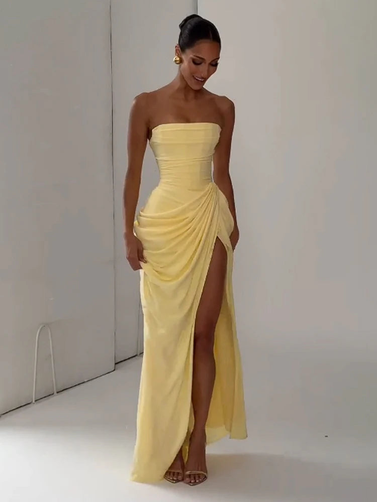 Vrouwen Strapless Geplooide Jurk Met Hoge Taille 3