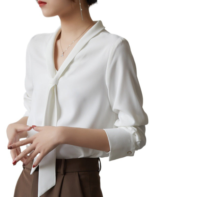 Witte Blouse Dames met Gedrapeerde Strikhals voor Formele en Casual Gelegenheden 3