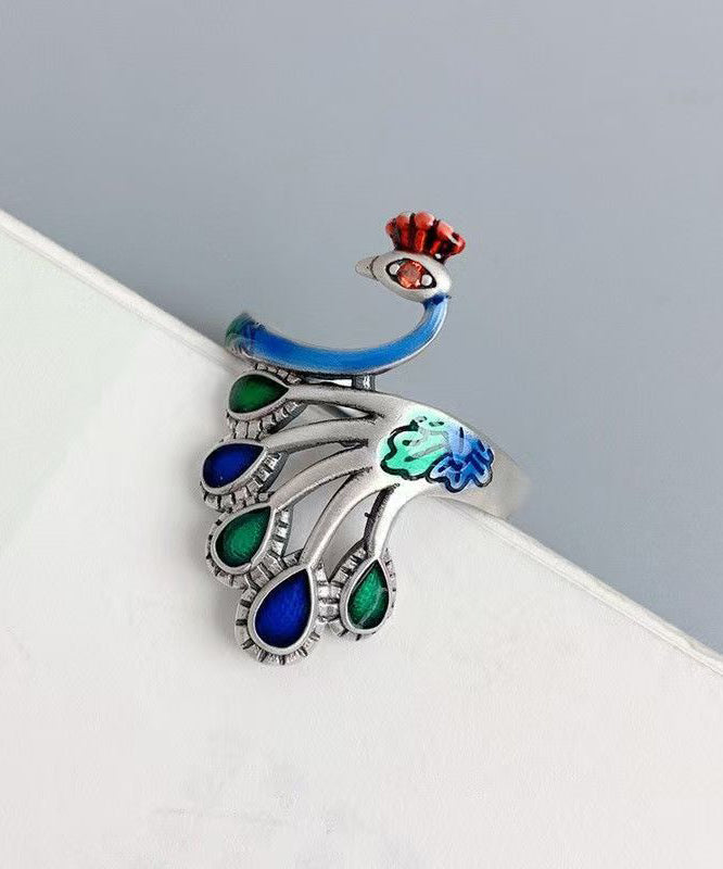 Zilveren Damesring Met Uniek Pauwmotief Cloisonne Ename Design 1