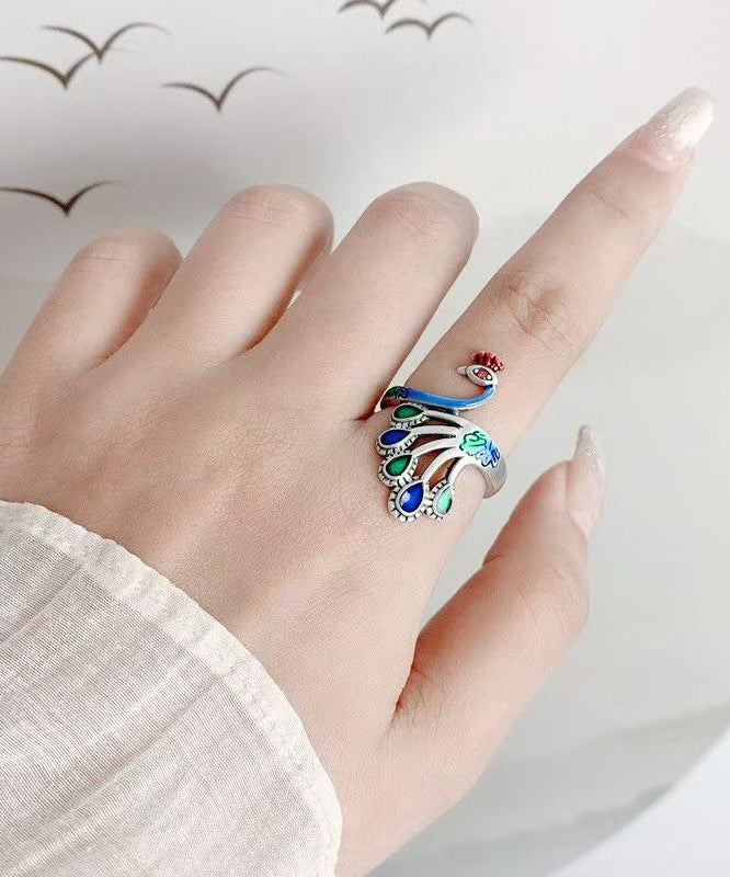 Zilveren Damesring Met Uniek Pauwmotief Cloisonne Ename Design 2
