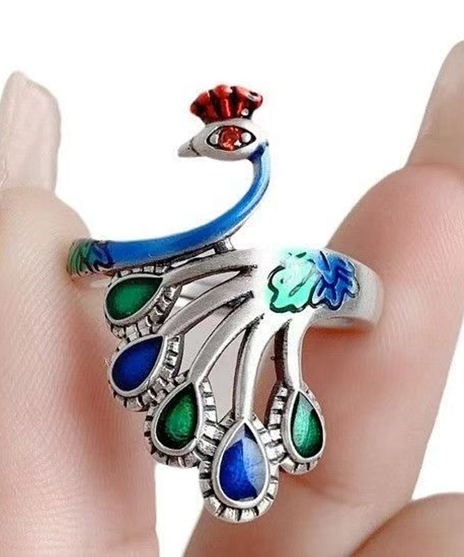 Zilveren Damesring Met Uniek Pauwmotief Cloisonne Ename Design 4