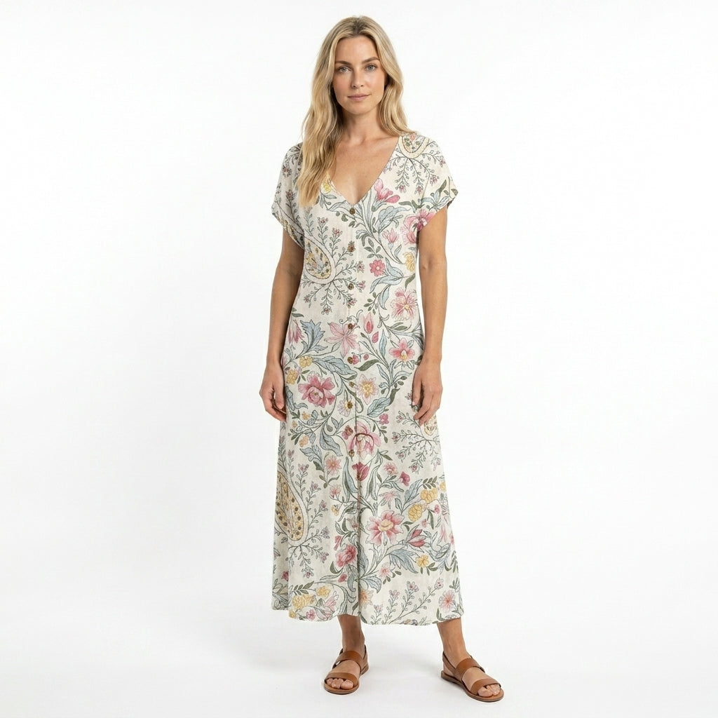 Zomerjurk voor dames met V-hals en zwierig model. 1