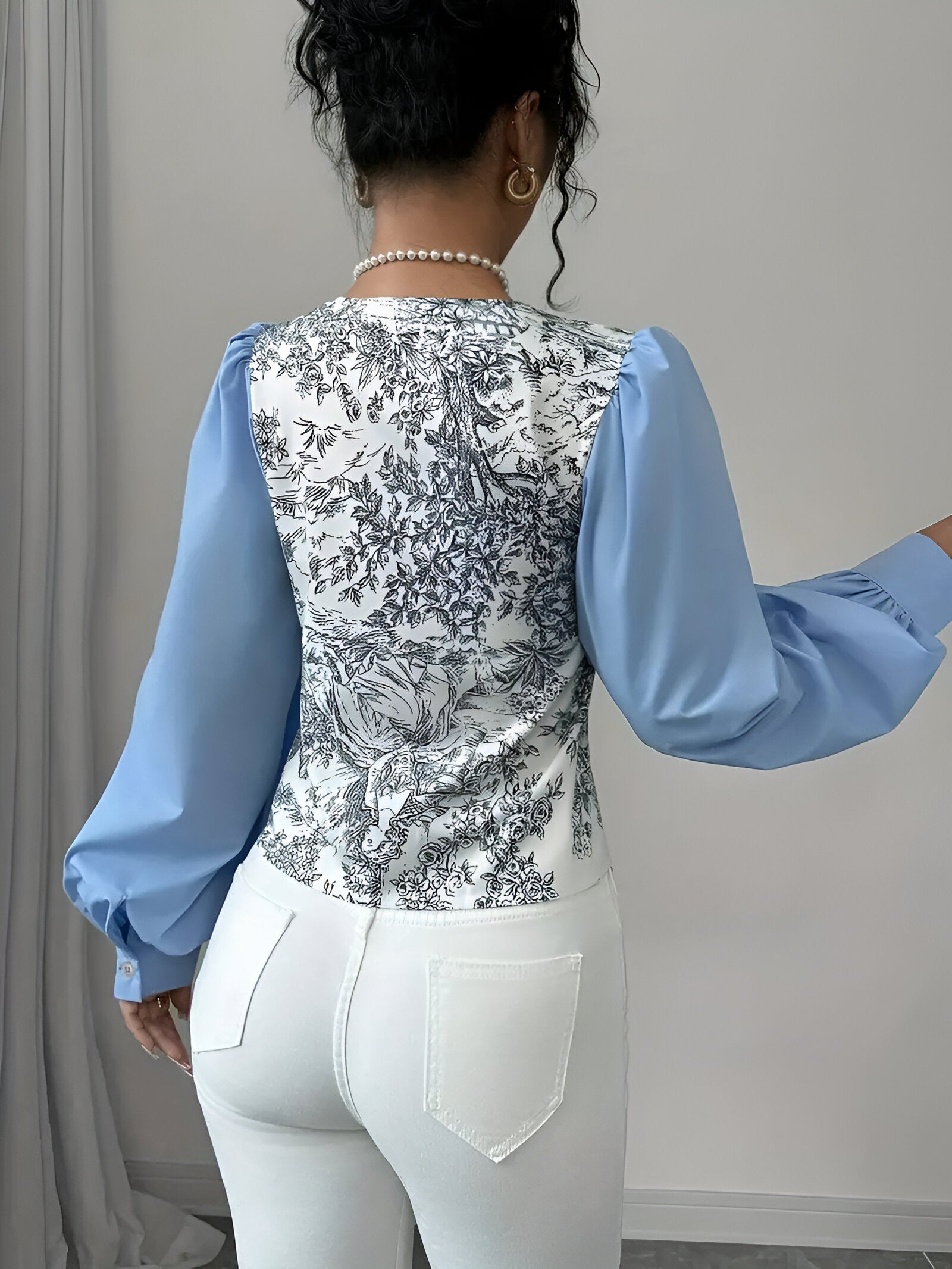 Dames Blouse V-hals Lantaarnmouwen Bloemendruk Katoen-6