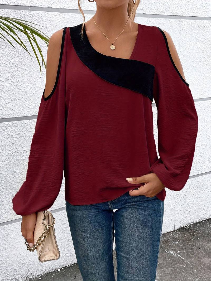 Dames Blouse Kleurblok Lange Mouwen Vierkante Halslijn Hoogwaardige Stof-5