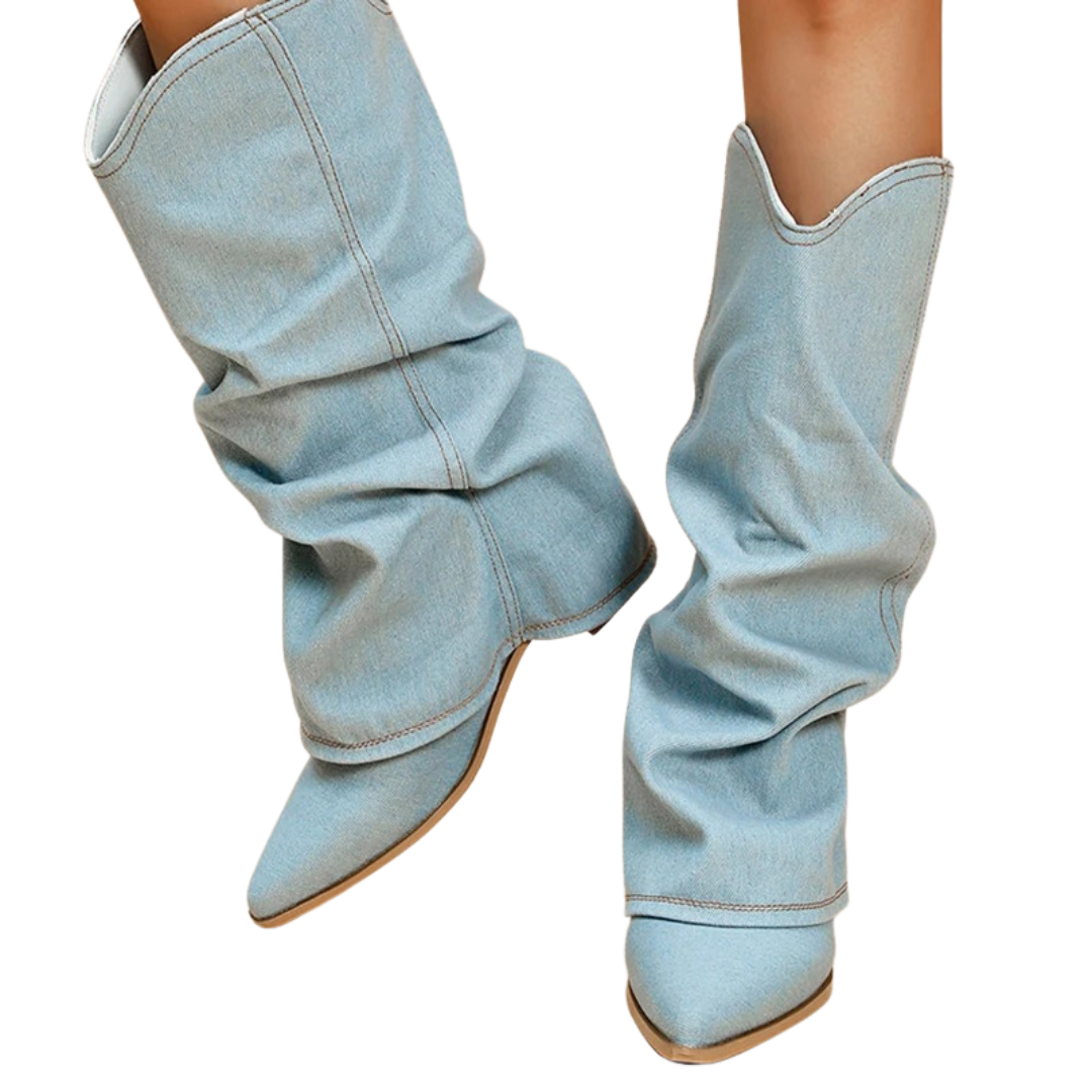 Denim laarzen voor dames met blokhakken