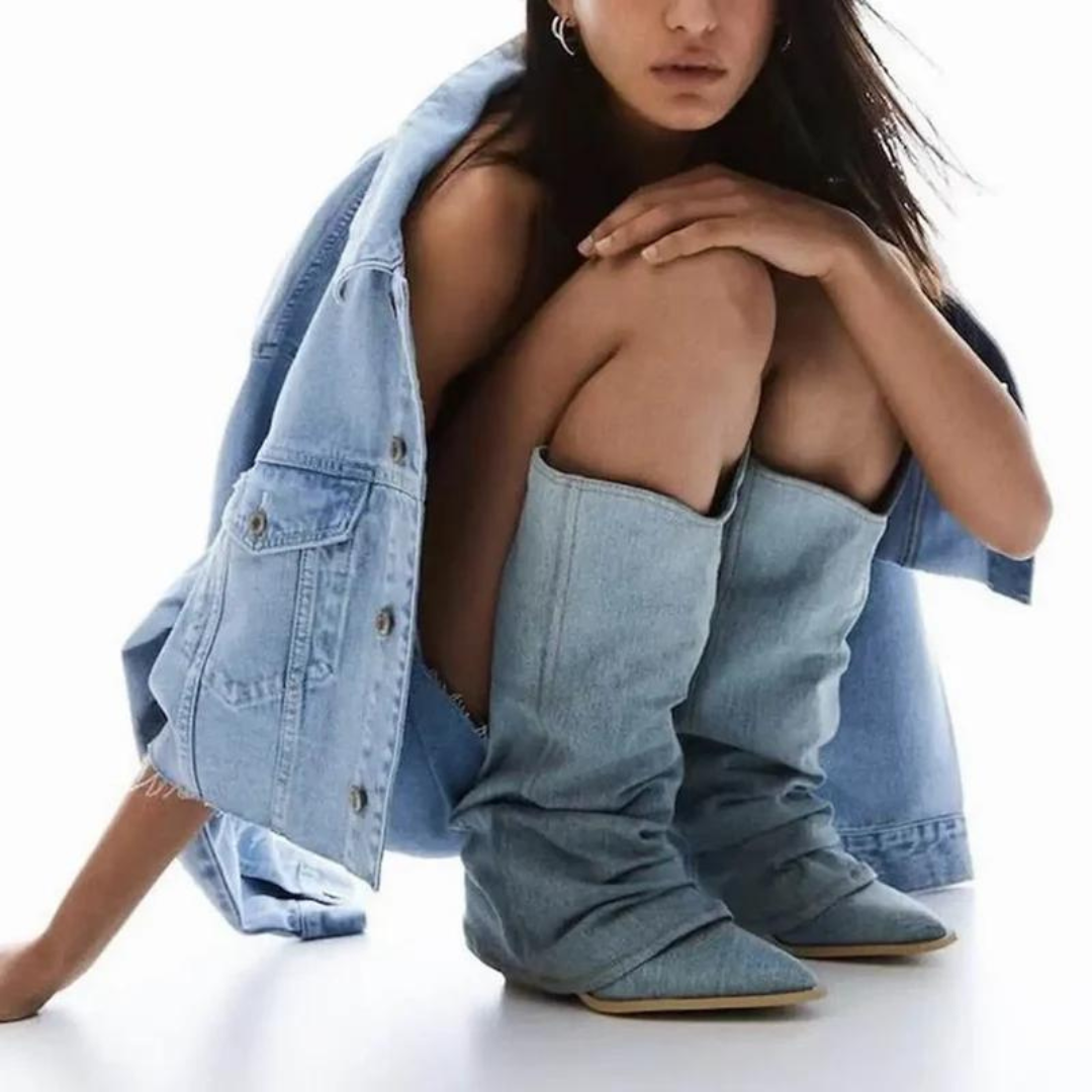 Denim laarzen voor dames met blokhakken
