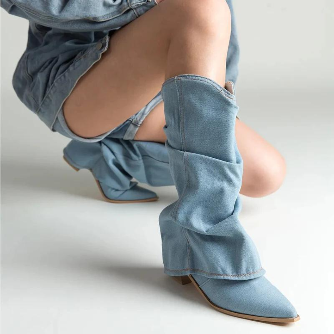 Denim laarzen voor dames met blokhakken