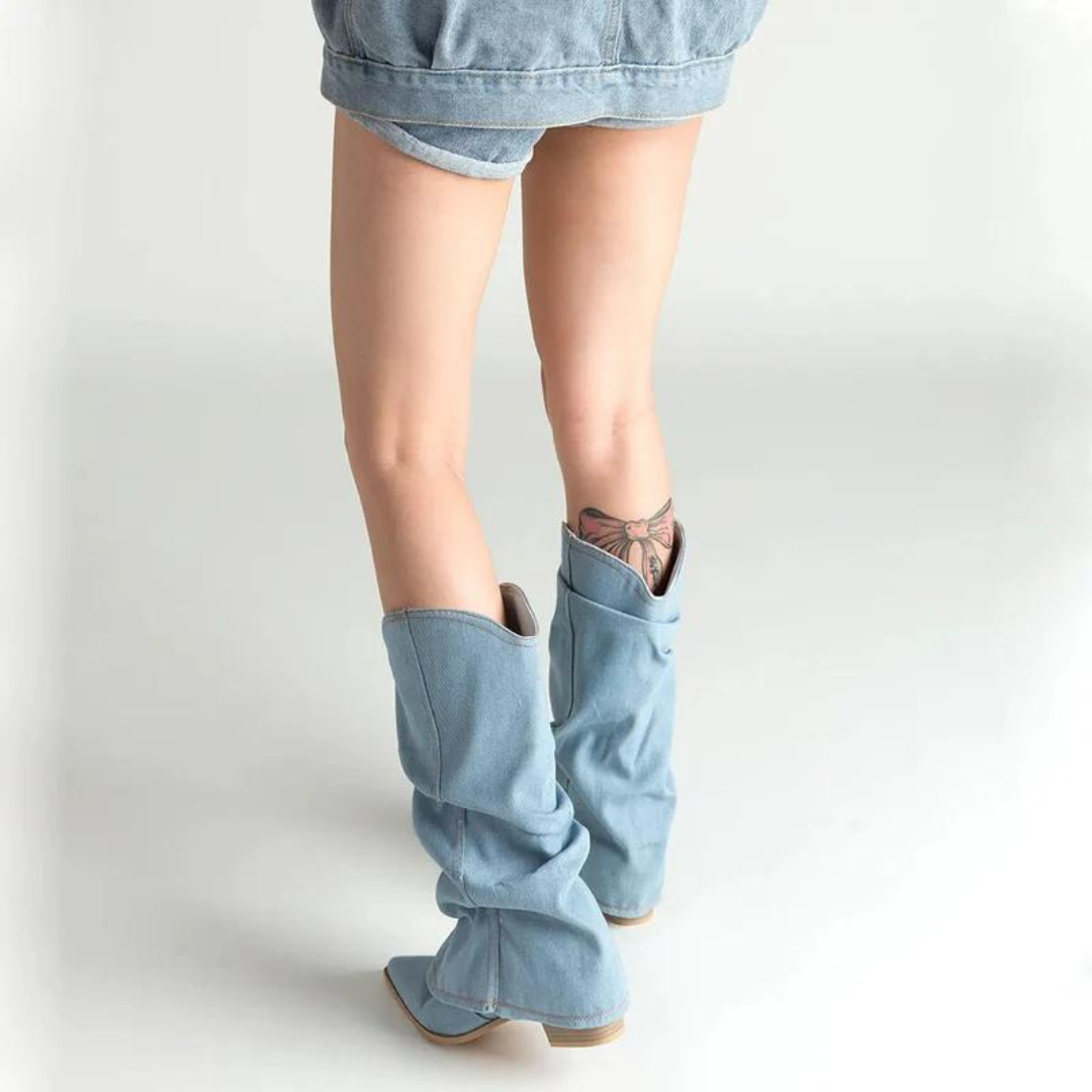 Denim laarzen voor dames met blokhakken