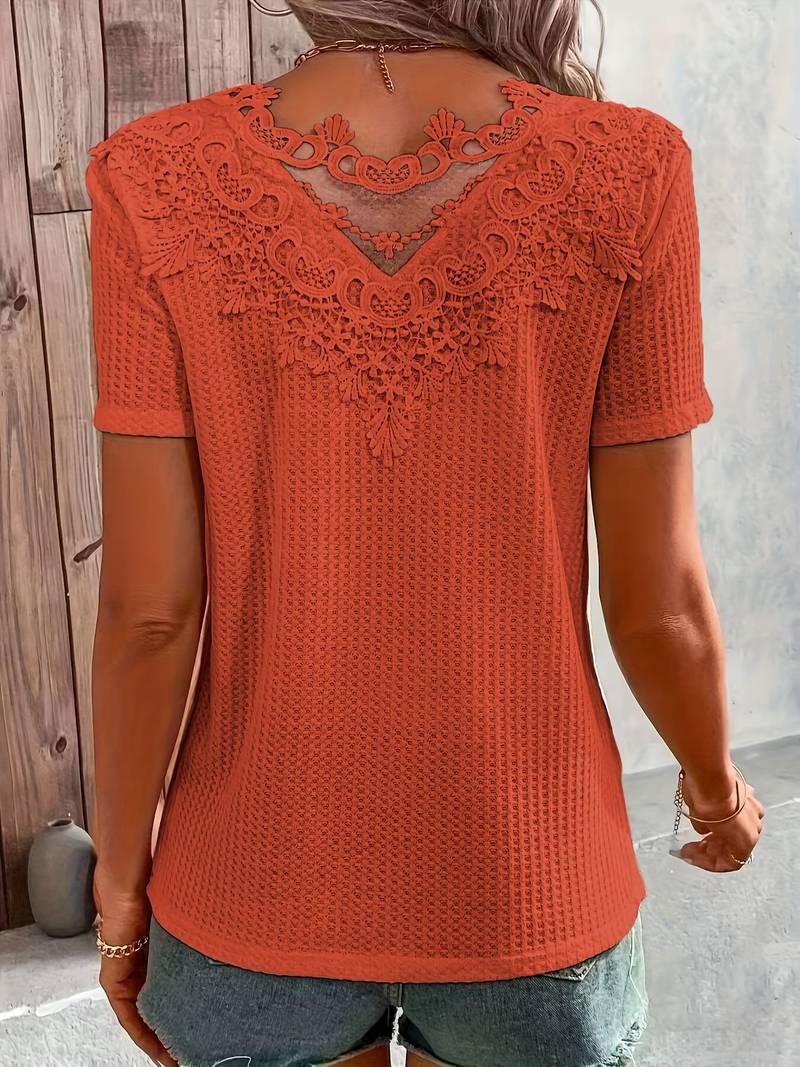 Variant image for Dames T-shirt Ronde Hals Katoen met Contrasterende Stof en Kanten Details-25