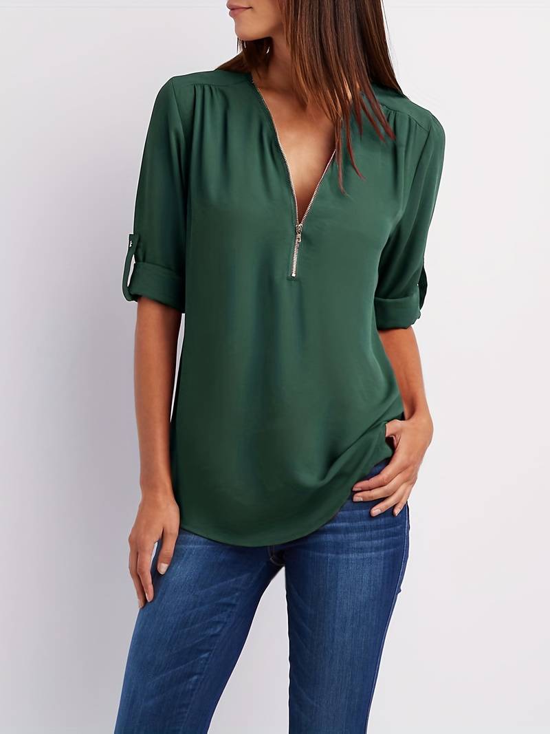 Variant image for Dames Blouse Casual Met Roll-Up Mouwen En Halve Rits Katoen-41