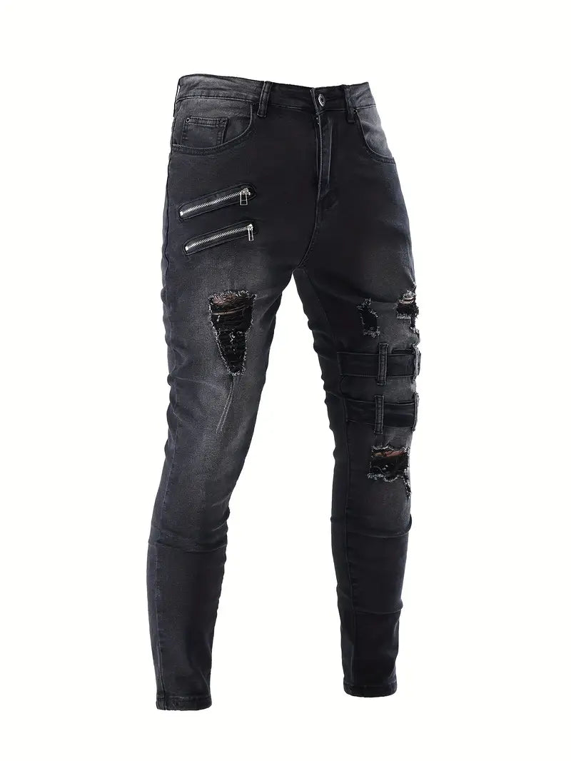 Heren Biker Jeans Casual Denim met Gewatteerde Inserts en Ritsdetails-5