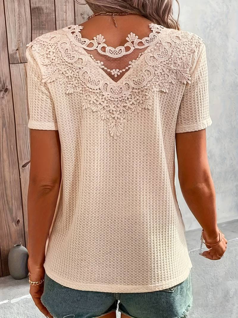 Dames T-shirt Ronde Hals Katoen met Contrasterende Stof en Kanten Details-6