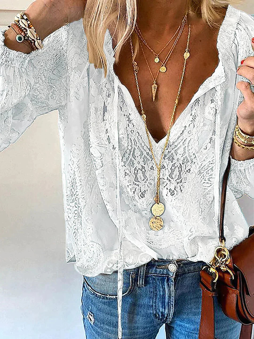 Variant image for Witte Blouse Dames Unieke Stijl Met Puntige Details Katoen-17