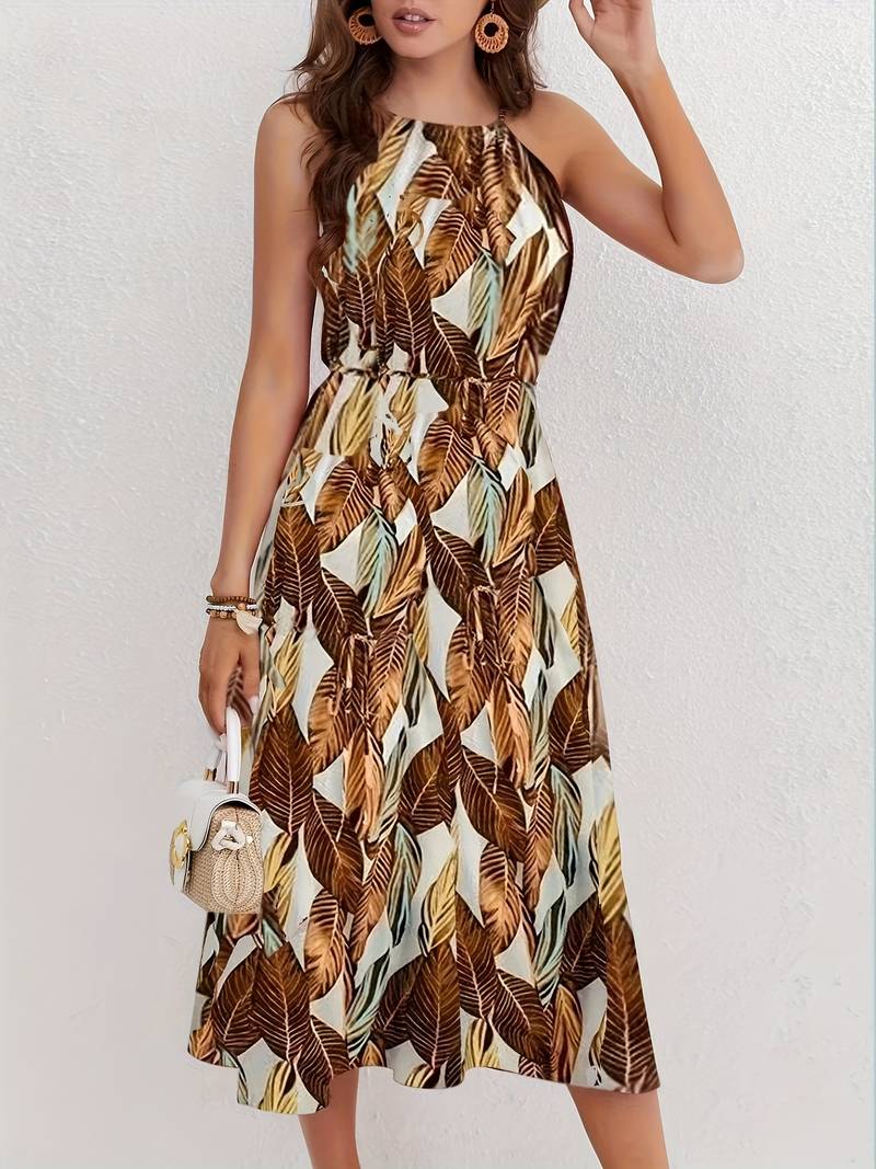 Variant image for Dames Strandjurk Nekholder Tropisch Bladpatroon Luchtig Polyester-17