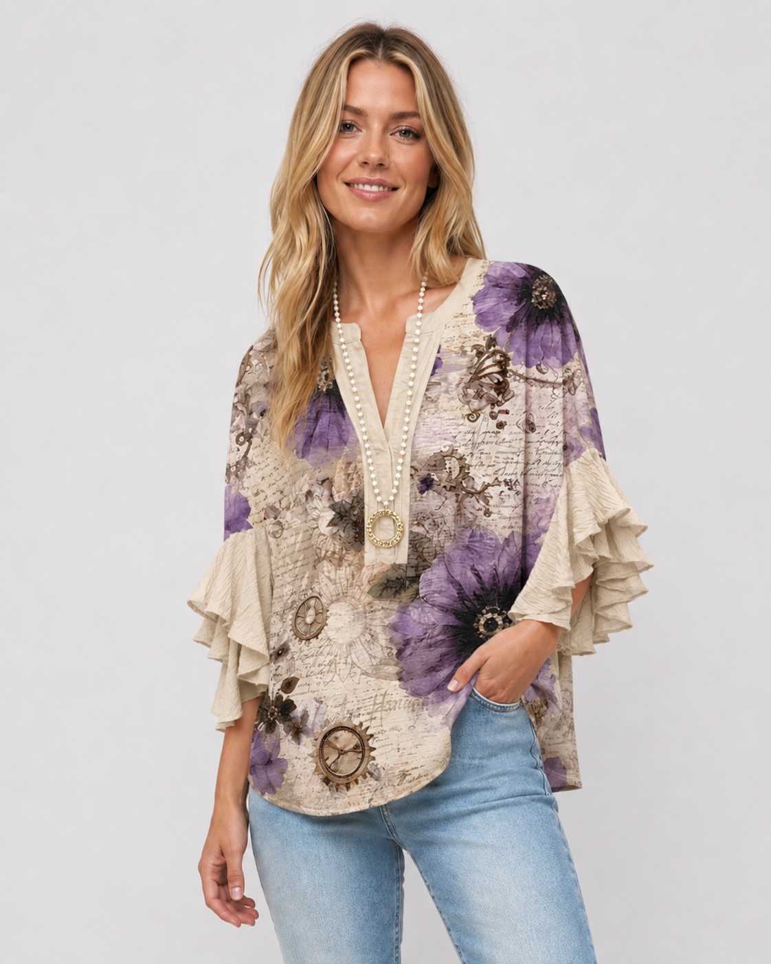 Dames Blouse Met Bloemenprint En Ruches Casual Chic