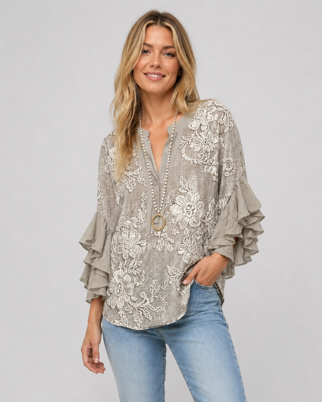 Dames Blouse Met Bloemenprint En Ruches Casual Chic