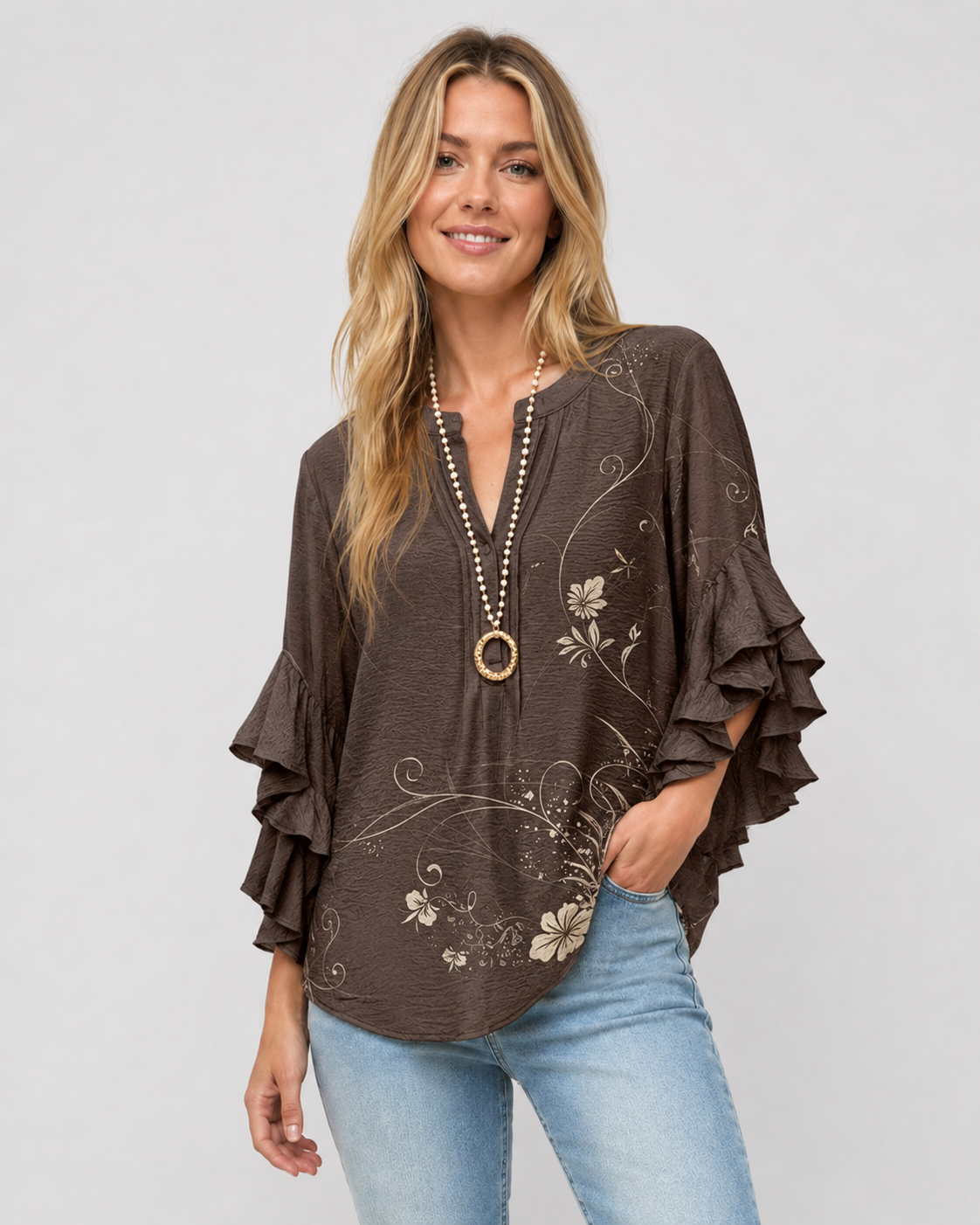 Dames Blouse Met Bloemenprint En Ruches Casual Chic