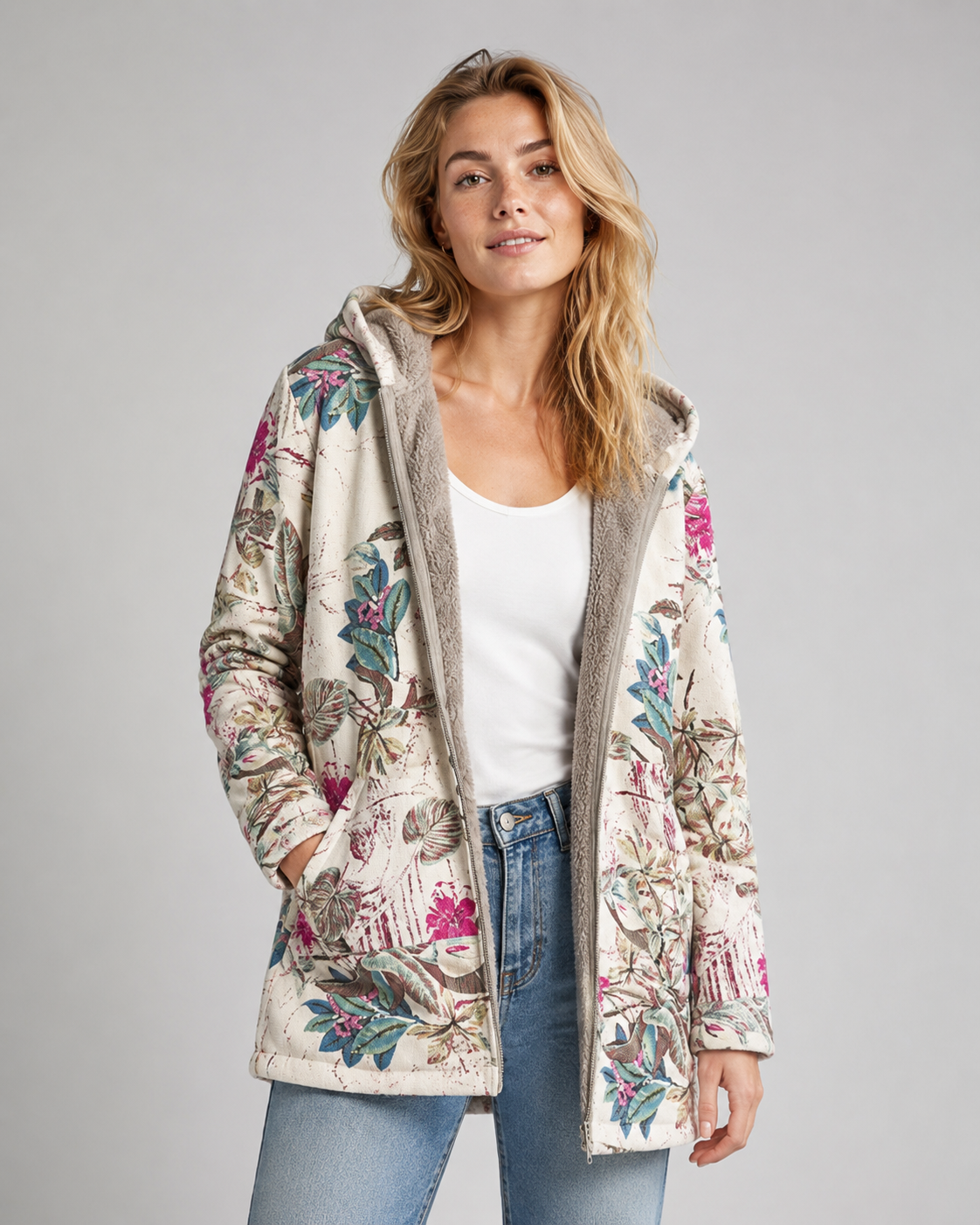Dames Fleecejack met Capuchon en Bloemenprint