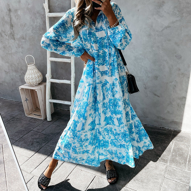 Dames Maxi Jurk Lange Mouwen V-Hals Katoen Ruffle Details