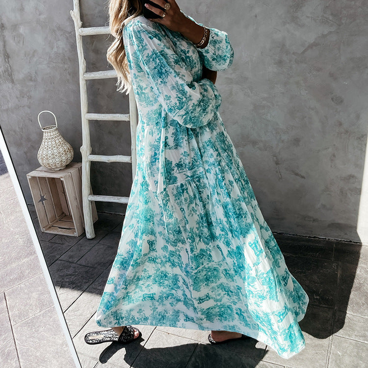 Dames Maxi Jurk Lange Mouwen V-Hals Katoen Ruffle Details