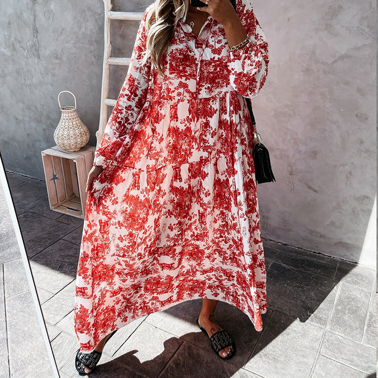 Dames Maxi Jurk Lange Mouwen V-Hals Katoen Ruffle Details
