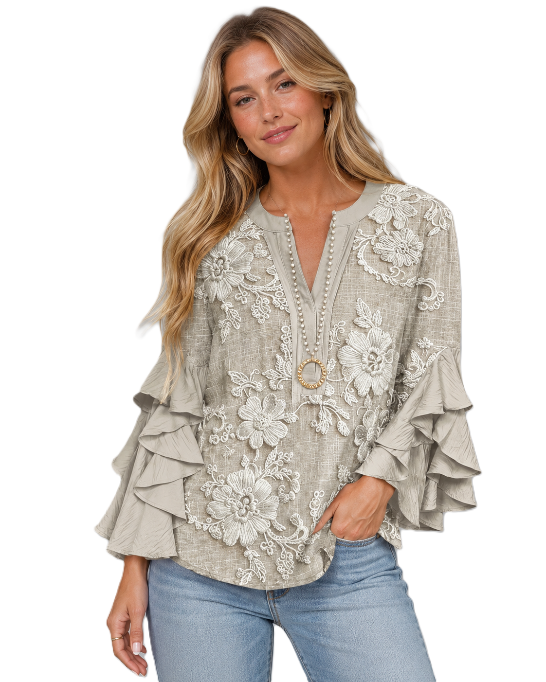 Dames T-shirt met bloemenprint en ruches aan de zoom