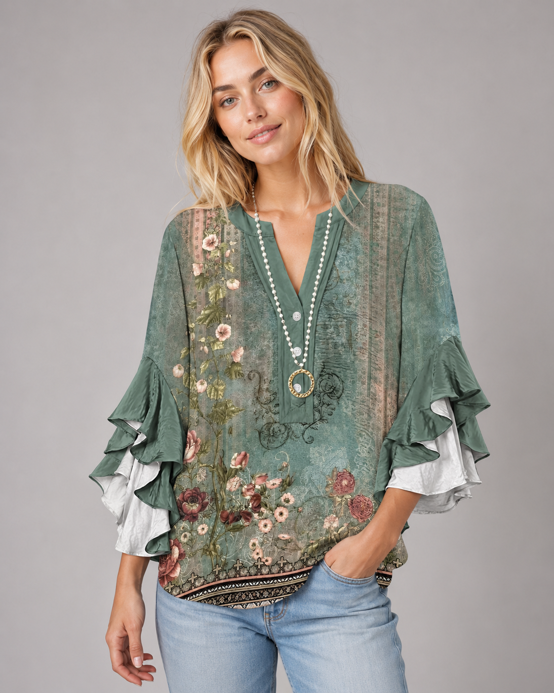 Dames T-shirt met bloemenprint en ruches aan de zoom