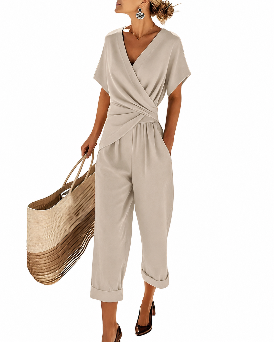 Dames Tweedelige Set Met Overslag - Casual Two Piece Set Dames
