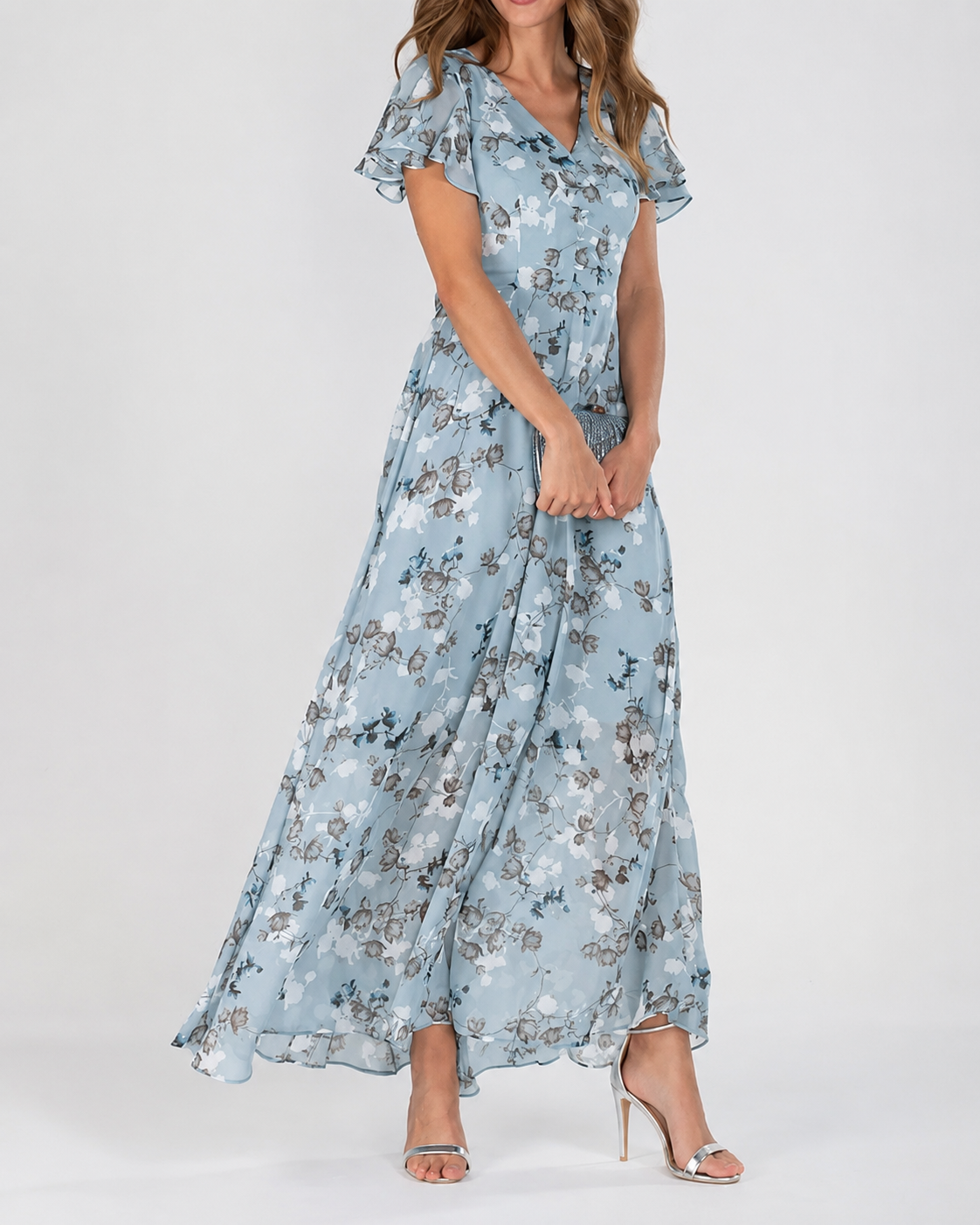 Maxi-jurk voor dames met bloemenprint, V-hals en korte, flatterende mouwen.