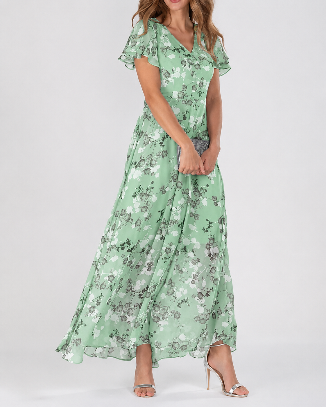 Maxi-jurk voor dames met bloemenprint, V-hals en korte, flatterende mouwen.