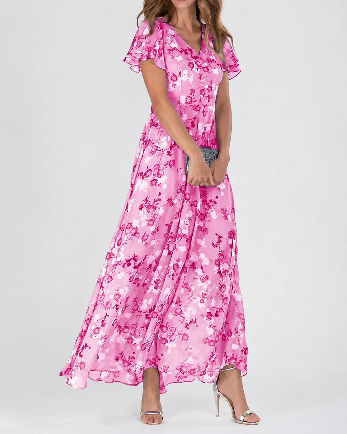 Maxi-jurk voor dames met bloemenprint, V-hals en korte, flatterende mouwen.