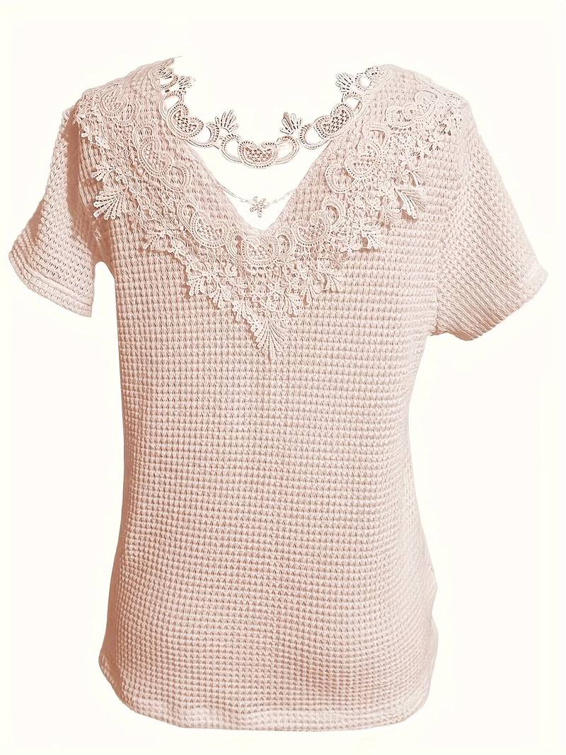 Dames T-shirt Ronde Hals Katoen met Contrasterende Stof en Kanten Details-3