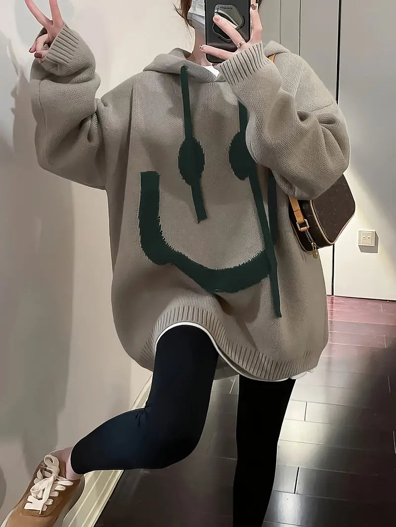 Dames Hoodie Glimlachontwerp Verstelbare Snoertrein Katoen-2