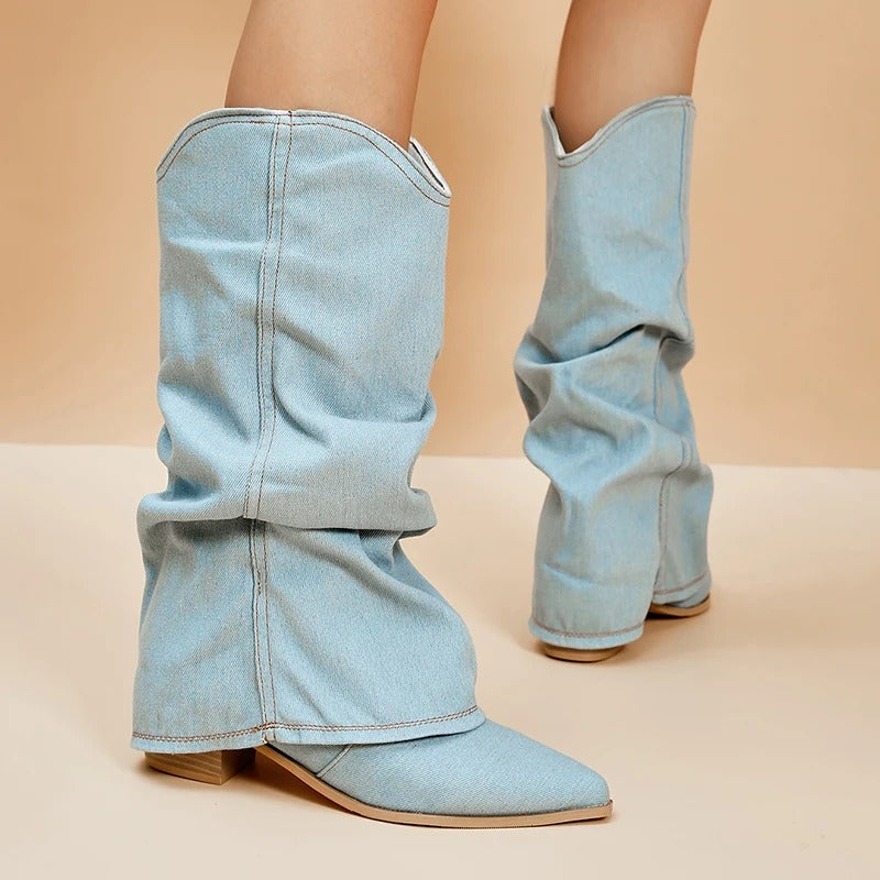 Denim laarzen voor dames met blokhakken