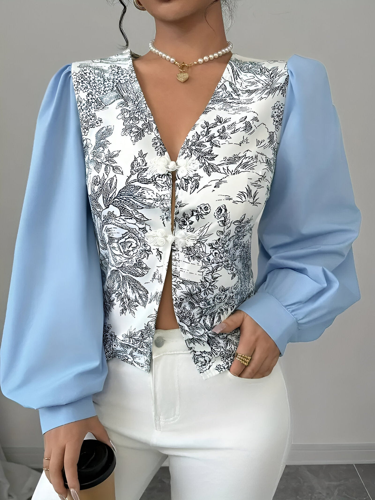 Variant image for Dames Blouse V-hals Lantaarnmouwen Bloemendruk Katoen-1