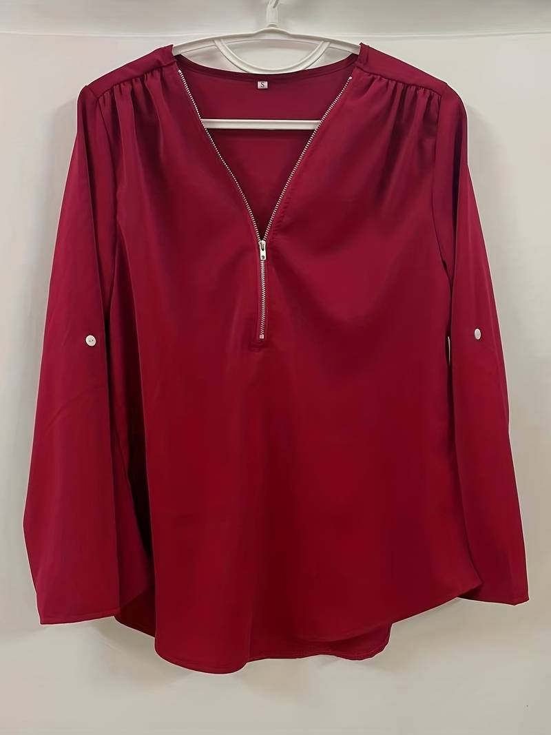 Dames Blouse Casual Met Roll-Up Mouwen En Halve Rits Katoen-4