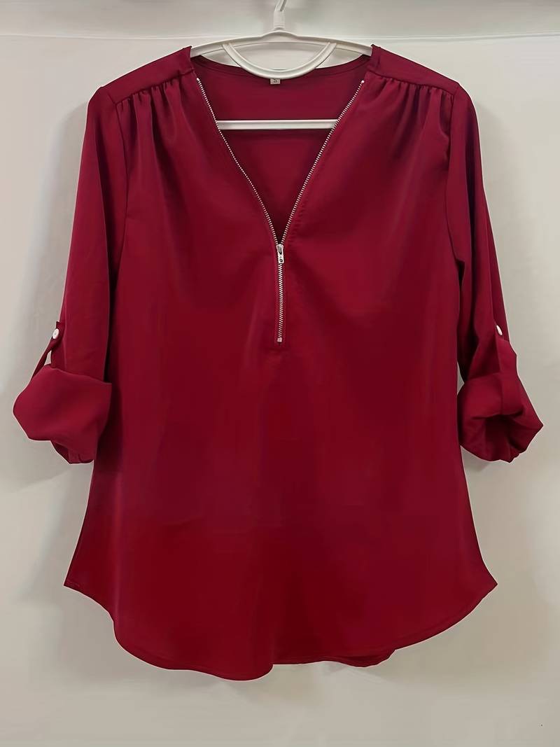Dames Blouse Casual Met Roll-Up Mouwen En Halve Rits Katoen-3